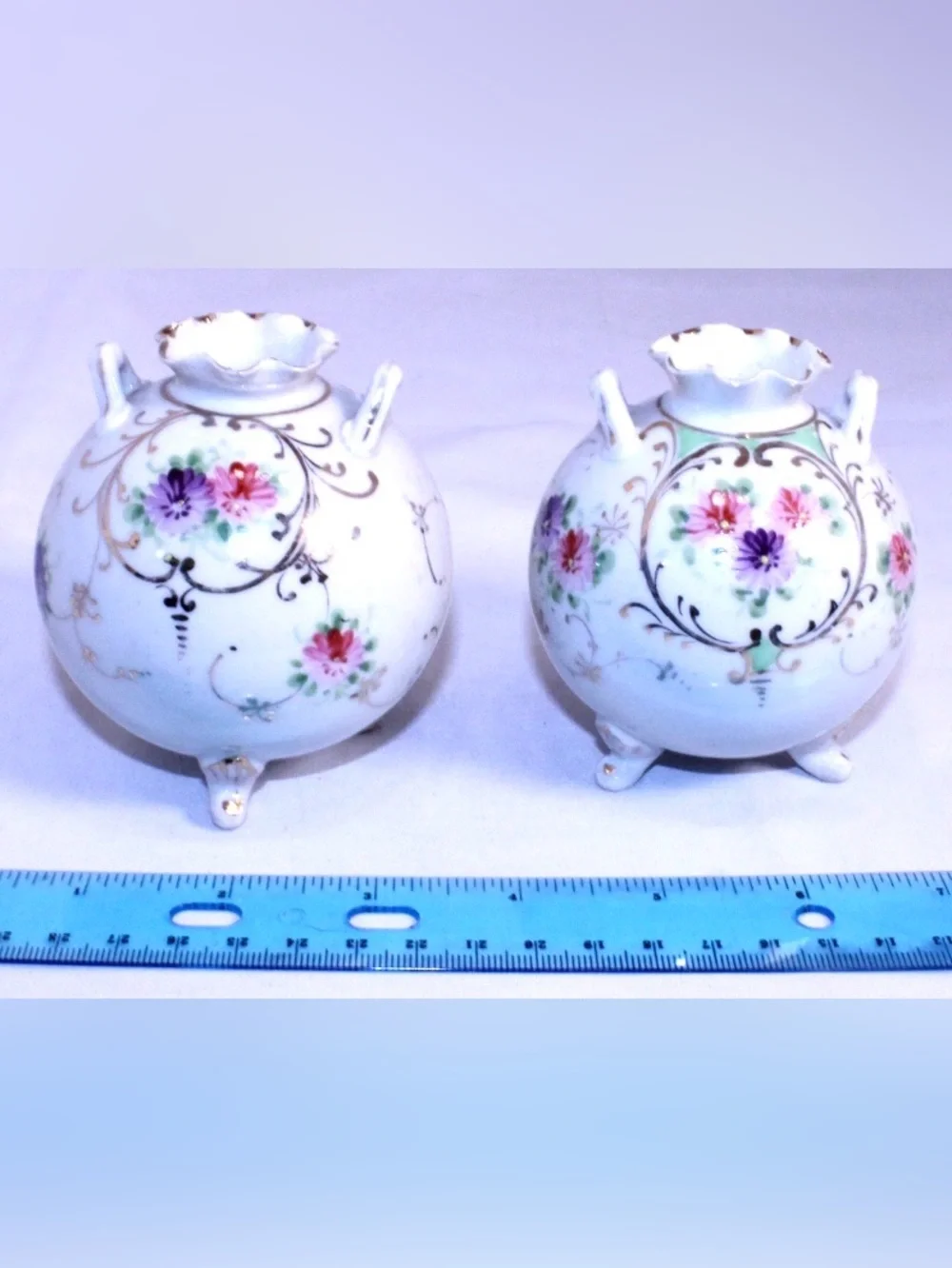 Set of 2 Floral Porcelain Bud Vases - White with Pink & Purple Flowers Gold Trim